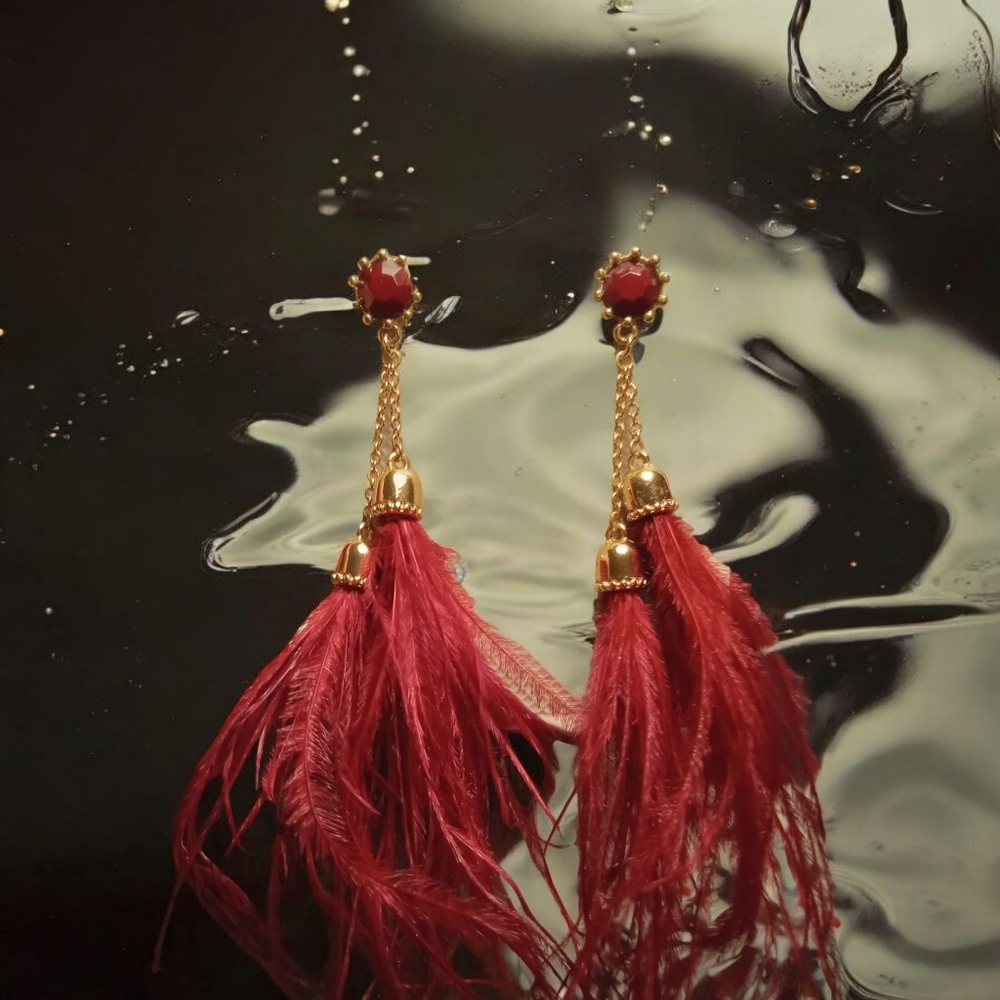 Cranberry Red Dyed Feather Earrings